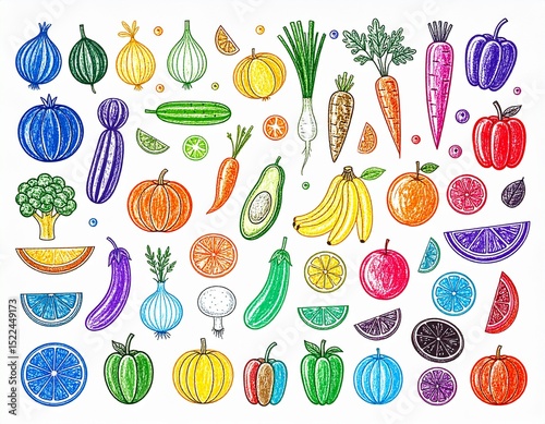 Różne rodzaje kolorowych warzyw i owoców na białym tle. Rysunek, ilustracja