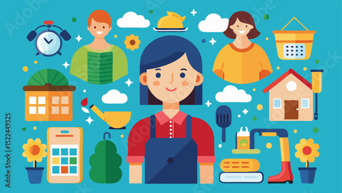 Illustration of a Cleaning Lady with Household Items Against a Bright Blue Background