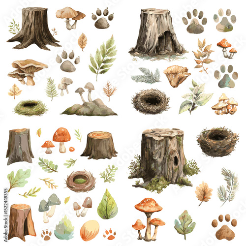 Watercolor clipart set of forest elements including tree stumps, mushrooms, nests, paw prints, and leaves. Perfect for woodland or nature-themed designs.

