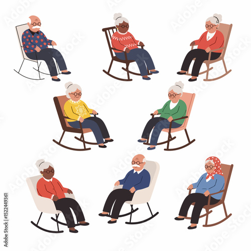 Seniors resting in rocking chairs diverse group