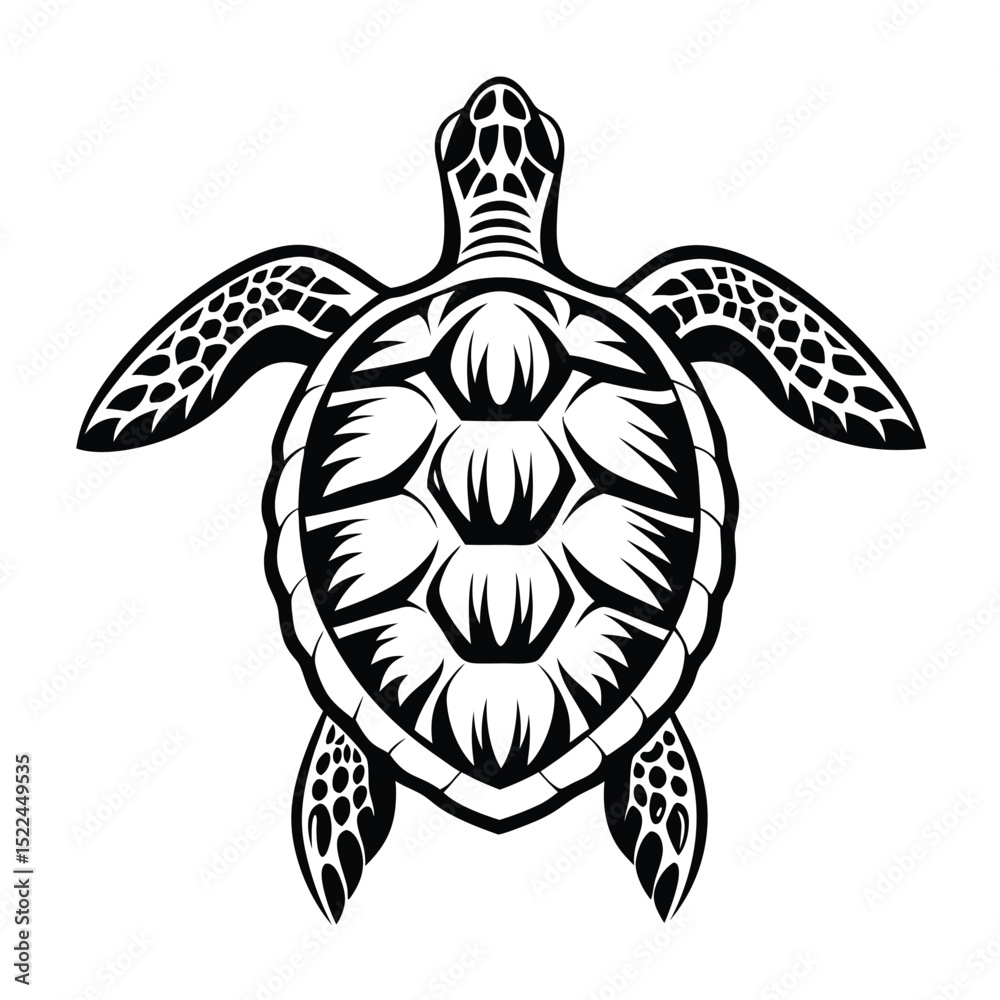 Fototapeta premium Detailed Sea Turtle Illustration, Intricate Shell Pattern, Black and White Animal Design