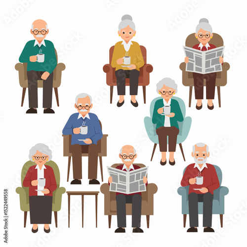 Senior people sitting reading newspaper coffee