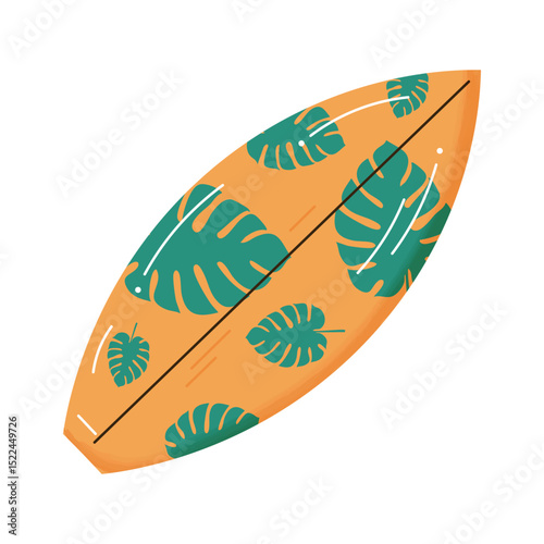 Yellow serfing board with leafs isolated on transparent background with watercolour texture.  Summer beach accessory for holidays . serfing board icon.Cartoon flat style.Design element for web. Vector
