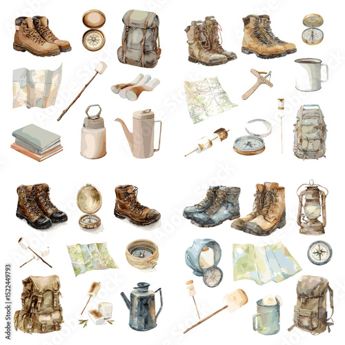 Watercolor illustration set of camping and hiking gear including boots, backpacks, lanterns, maps, mugs, and compasses. Great for adventure or outdoor themes.

