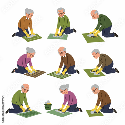 People cleaning floor tiles on their knees