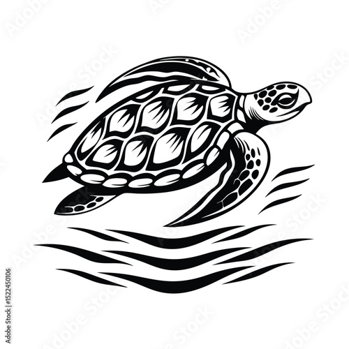 Isolated Sea Turtle Swimming Silhouette | Ocean Animal Reptile Black and White