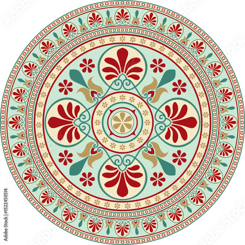 Vector colored classic Greek round ornament. Circle of Ancient Greece and the Roman Empire. Byzantine painting of walls, floors and ceilings. Decoration of European palaces.
