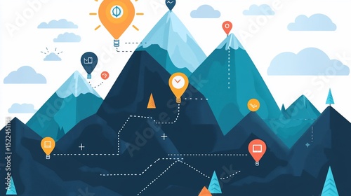 Strategic roadmap concept illustrating business goals with mountain peaks
