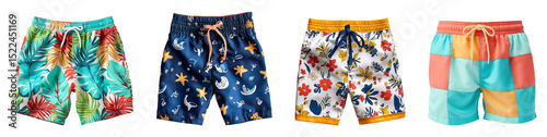 A collection of swim trunks for boys isolated on a transparent background