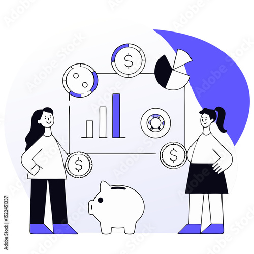 Concept of investment. Young girls on background of graphs and diagrams. Financial literacy and company performance evaluation, analytics and passive income. Cartoon flat vector illustration