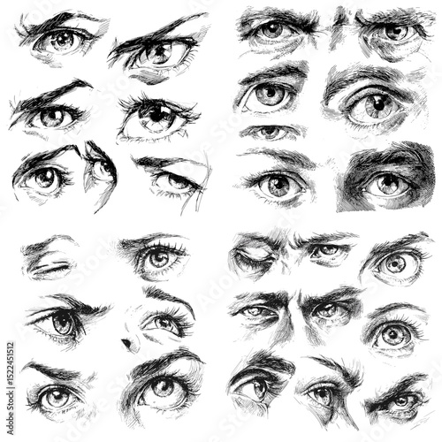 Detailed sketch set of expressive human eyes in various styles and emotions. Perfect for anatomy studies, art references, or emotional visual design.

