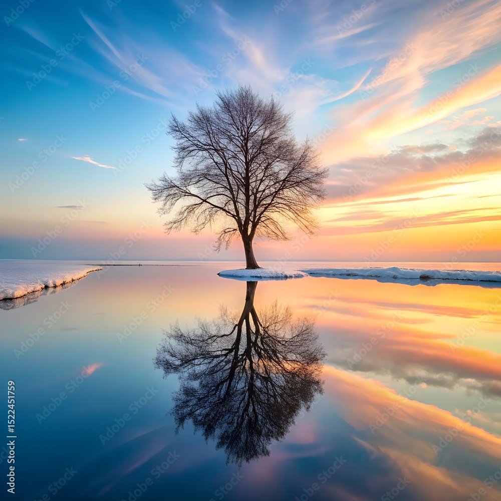Fototapeta premium Lonely tree in snowfield under pastel gradient