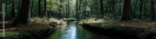 Serene forest stream with sunlit trees and calm water reflections