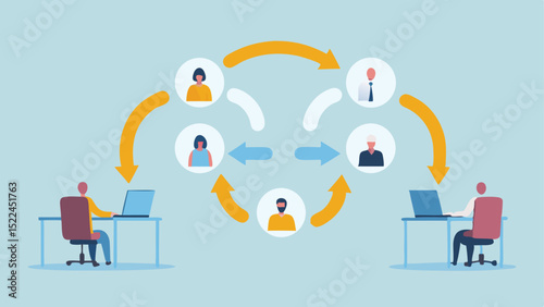 Illustration of people working remotely with communication and collaboration network diagram shown