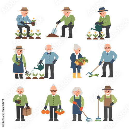Senior people gardening hobby character