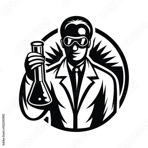 Stylized Scientist Icon With Erlenmeyer Flask, Lab Coat, Protective Goggles, Black & White