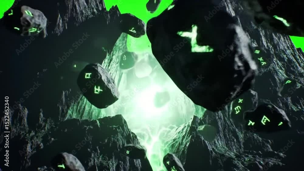Fantasy-style mountain splitting apart with glowing energy surge, levitating boulders, and mystical light bursting from the core. Green screen background for seamless VFX compositing. Ideal for ancien