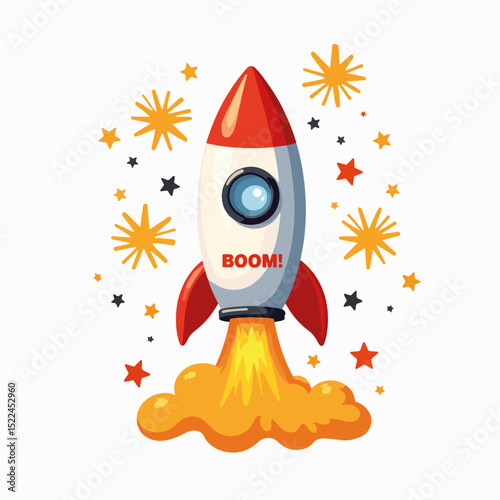 Cartoon rocket launching with smiley face and boom text. Festive space rocket with bright flames and stars. This cheerful cartoon rocket design is perfect for children's books, greeting cards,