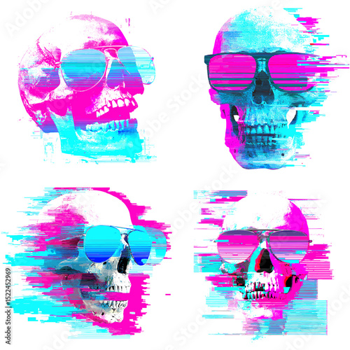 Vibrant vaporwave-style skull illustrations with glitch effects and neon sunglasses. Perfect for edgy, retro, or synthwave digital art and apparel.

