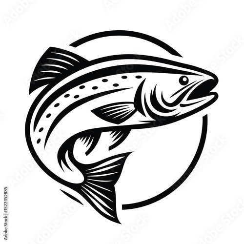 Leaping Spotted Trout Silhouette Monochrome Circular Emblem, Wildlife, Fresh Catch Icon