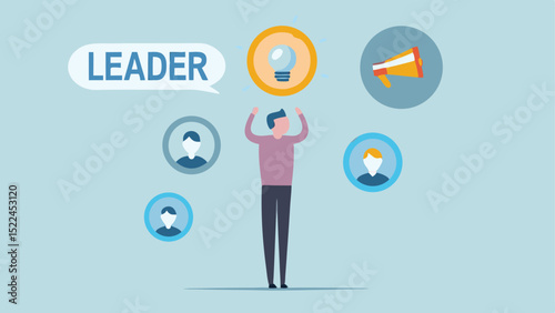 Illustration of a leader with a lightbulb idea and team members on a blue background design