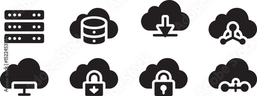 Black and white vector icons depicting cloud computing and data services systems