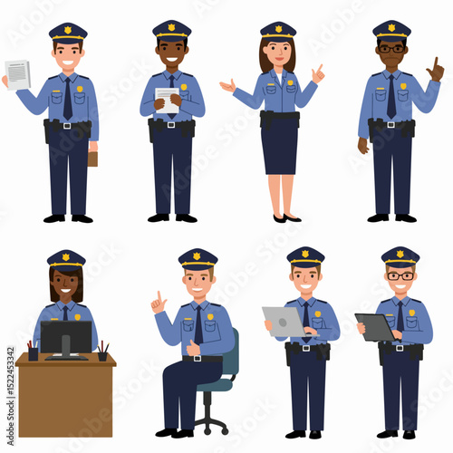 Diverse police officers cartoon characters set isolated