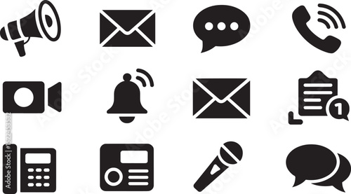 Collection of black and white communication icons representing various media channels
