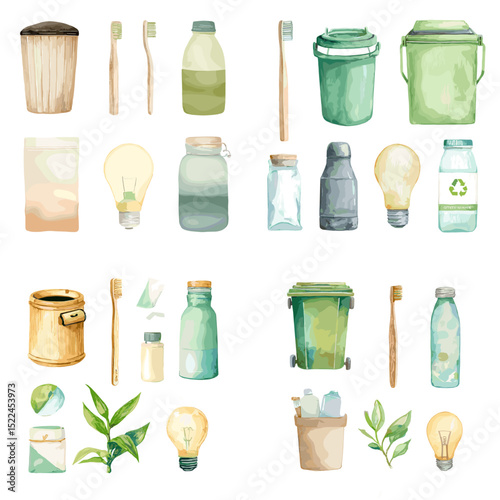 Zero waste lifestyle clipart set with watercolor illustrations of reusable jars, bottles, bamboo brushes, recycling bins, and sustainable lightbulbs.

