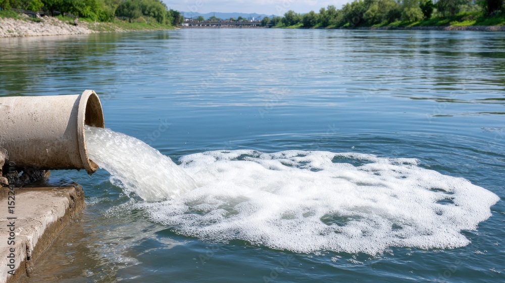 Fototapeta premium Wastewater discharge pipe polluting a river, creating white foam.