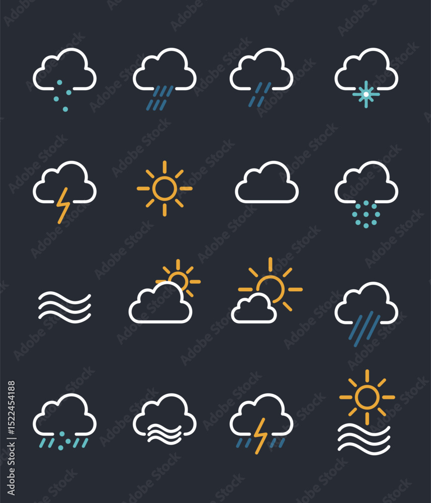Obraz premium A modern set of flat weather icons featuring sun, rain, snow, fog, and storms—ideal for apps, dashboards, or infographics.