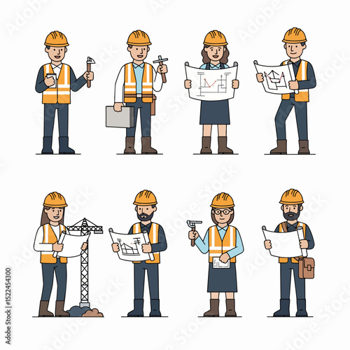 Construction worker team holding tools and blueprints