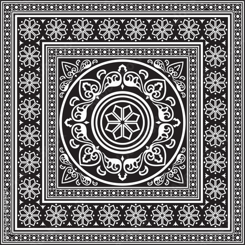 Vector square black monochrome ancient Russian ornament. Slavic rectangle, border, frame. Painting of the royal chambers.
