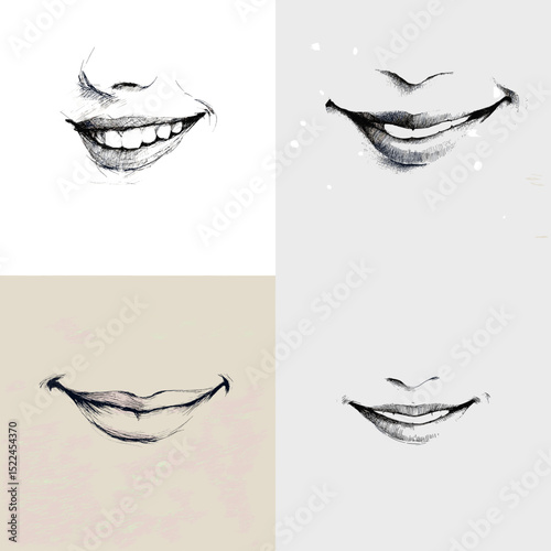 Hand-drawn illustrations of human smiles in various expressions. Ideal for anatomical references, art studies, emotion-themed visuals, or sketch projects.

