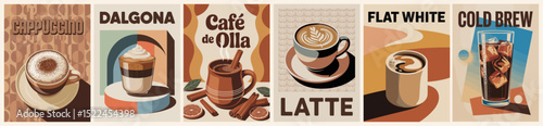 Set of retro Mid Century Modern coffee posters featuring latte, cappuccino, flat white, cold brew, dalgona, and café de olla. Perfect for coffee shops, kitchens, and vintage-themed designs