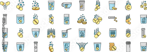 Collection of vector icons representing effervescent tablets, pills, capsules dissolving in water, vitamin c, medicine, healthcare concept