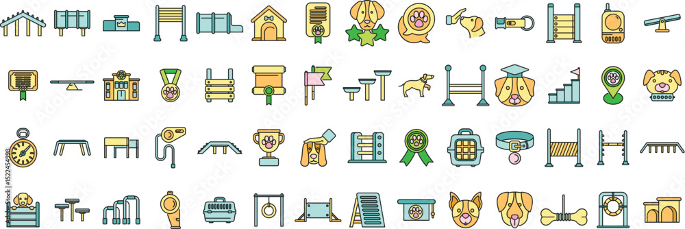 Fototapeta premium Collection of dog training and agility icons in a linear style