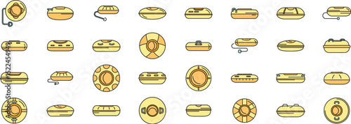 Collection of inflatable rubber boat and snow tubing icons in various shapes and designs, suitable for representing water activities, winter sports, and recreational fun