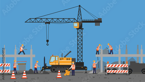Construction Site Illustration: Workers and Heavy Machinery in Action