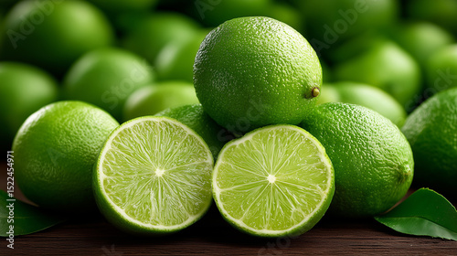 Juicy limes, fresh and vibrant, gleam with natural light.  A close-up reveals their texture and bright green color.  Perfect for healthy recipes and summer drinks.