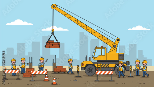 Construction Workers with Crane Lifting Bricks - Flat Cartoon Illustration