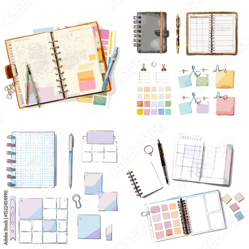 Organized watercolor clipart collection of planners, sticky notes, pens, and notebooks in pastel tones for digital journaling and office use.

