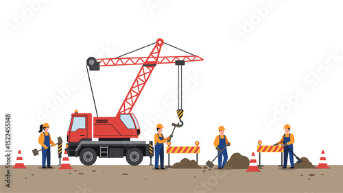 Construction Workers and Crane at a Construction Site