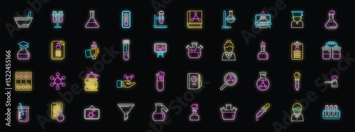 Colorful neon icons representing various chemistry lab equipment, glassware, molecular structures, and scientists, creating a vibrant and dynamic visual
