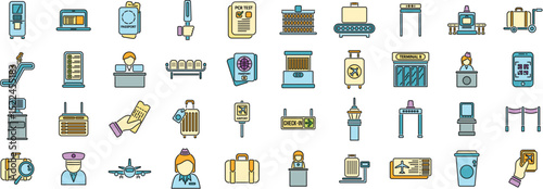 Colorful icons illustrating various airport and travel related elements