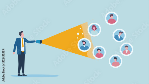 A businessman with a flashlight focusing on a group of diverse people in circular frames