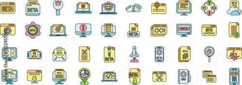 Set of icons illustrating beta testing and software development concepts