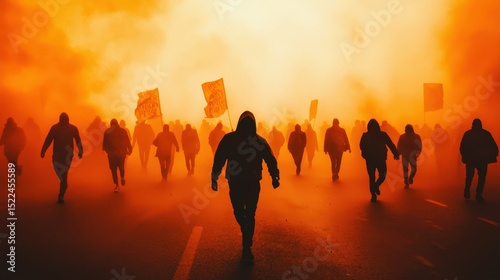 A group of people are running in the street with signs in their hands