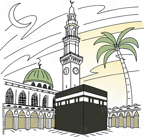 Stylized Islamic Landmarks Illustration Featuring Kaaba, Prophet's Mosque
