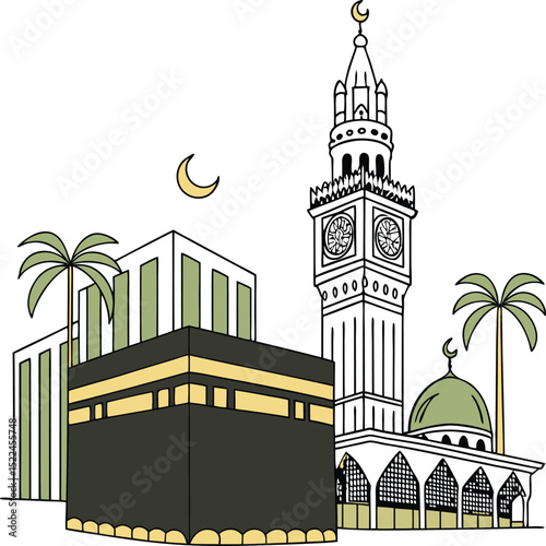 Stylized Islamic Landmarks Illustration Featuring Kaaba, Prophet's Mosque, and Abraj Al-Bait Clock Tower